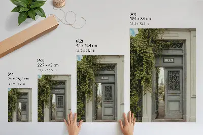 Póster con colores saturados puerta antigua con hiedra en un sendero misterioso