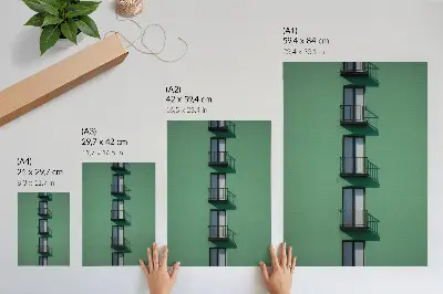 Póster ventanas de fachada verde con balcones y sombras modernas