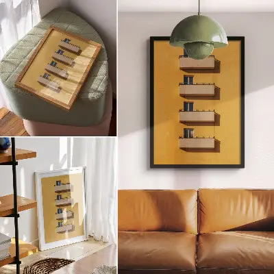 Lámina artística de alta calidad fachada amarilla con cuatro balcones y composición minimalista