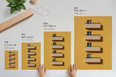 Lámina artística de alta calidad fachada amarilla con cuatro balcones y composición minimalista