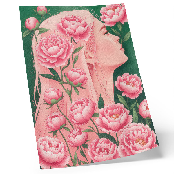 Póster con colores saturados Una mujer entre peonías rosas sobre un fondo verde.