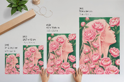 Póster con colores saturados Una mujer entre peonías rosas sobre un fondo verde.