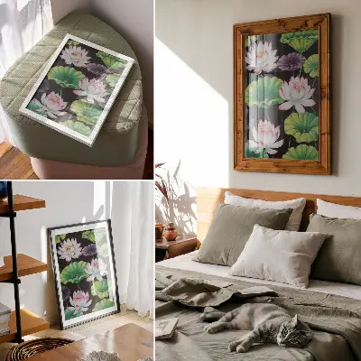 Póster de naturaleza con flores y hojas verdes con colores saturados