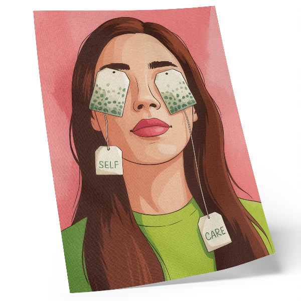 Lámina artística de alta calidad Fondo colorido con detalles verdes y una figura con té.