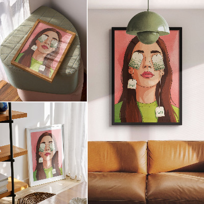 Lámina artística de alta calidad Fondo colorido con detalles verdes y una figura con té.