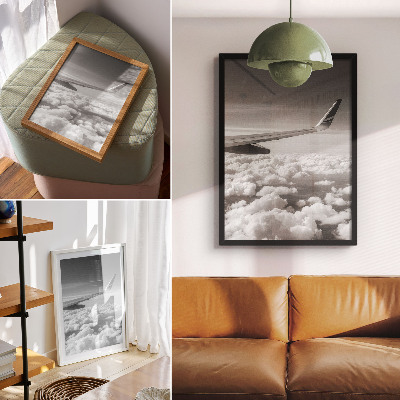 Lienzo decorativo moderno Ala de avión sobre las nubes, estilo blanco y negro