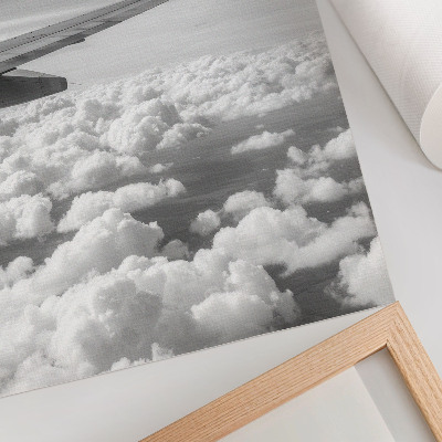 Lienzo decorativo moderno Ala de avión sobre las nubes, estilo blanco y negro
