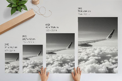 Lienzo decorativo moderno Ala de avión sobre las nubes, estilo blanco y negro