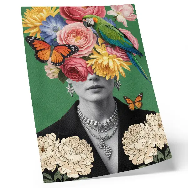 Póster con flores, pájaros, mariposas y figuras elegantes en estilo surrealista