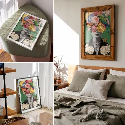 Póster con flores, pájaros, mariposas y figuras elegantes en estilo surrealista