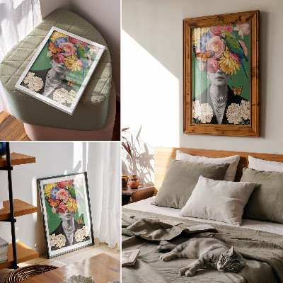 Póster Flores, pájaros, mariposas, figuras elegantes, surrealismo.