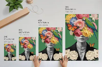 Póster con flores, pájaros, mariposas y figuras elegantes en estilo surrealista