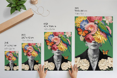 Póster Flores, pájaros, mariposas, figuras elegantes, surrealismo.