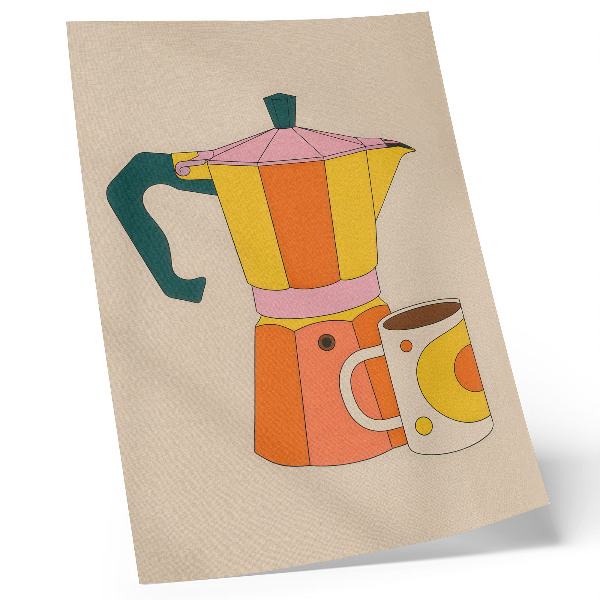 Lámina artística de alta calidad Cafetera y taza geométricas, colores vivos y optimistas.