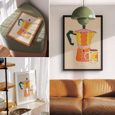 Lámina artística de alta calidad Cafetera y taza geométricas, colores vivos y optimistas.