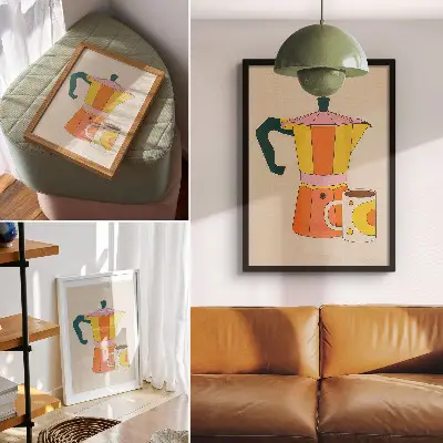 Lámina artística de cafetera y taza geométricas con colores vivos y optimistas de alta calidad