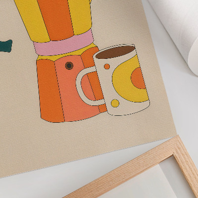 Lámina artística de alta calidad Cafetera y taza geométricas, colores vivos y optimistas.