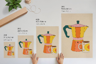 Lámina artística de alta calidad Cafetera y taza geométricas, colores vivos y optimistas.