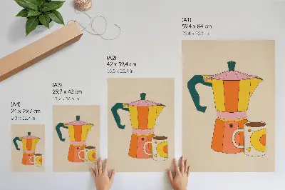 Lámina artística de cafetera y taza geométricas con colores vivos y optimistas de alta calidad
