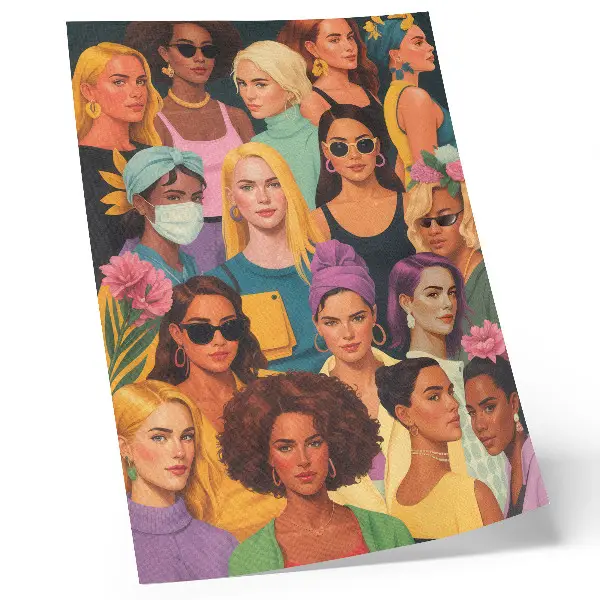 Póster de retratos coloridos mujeres con diversos peinados de moda y colores saturados