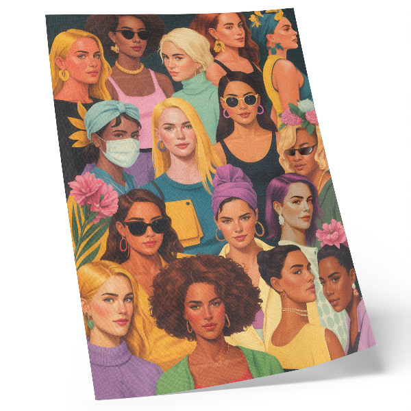 Póster con colores saturados Retratos coloridos de mujeres con diversos peinados de moda.