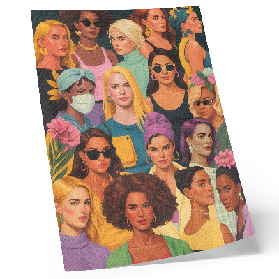 Póster con colores saturados Retratos coloridos de mujeres con diversos peinados de moda.