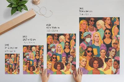 Póster con colores saturados Retratos coloridos de mujeres con diversos peinados de moda.