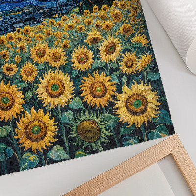 Póster Un campo de girasoles bajo un cielo estrellado