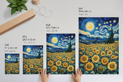 Póster Un campo de girasoles bajo un cielo estrellado