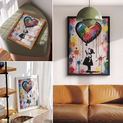 Póster Figura en blanco y negro con un corazón de grafiti colorido