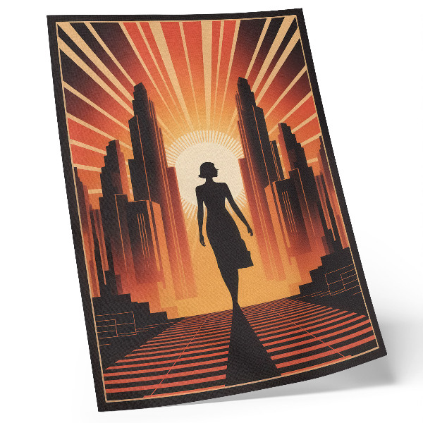 Póster Silueta de ciudad, luz naranja, mujer