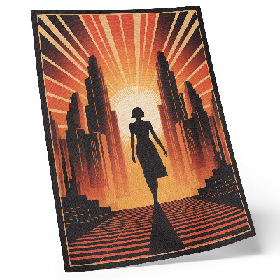 Póster Silueta de ciudad, luz naranja, mujer