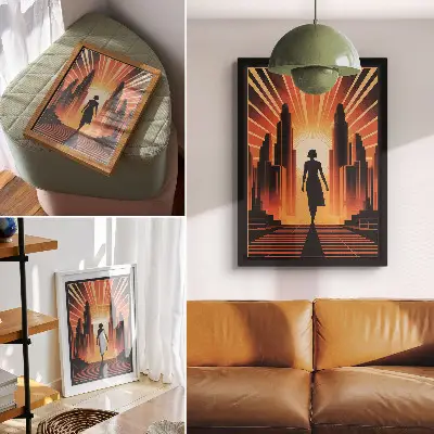 Póster silueta de ciudad con luz naranja y mujer
