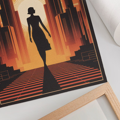 Póster Silueta de ciudad, luz naranja, mujer