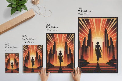 Póster Silueta de ciudad, luz naranja, mujer