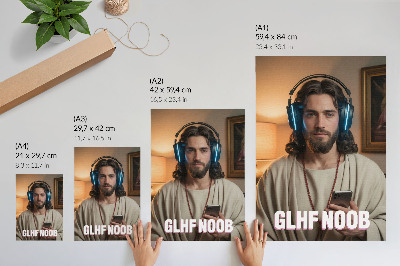 Lámina artística de alta calidad Hombre con auriculares, smartphone, inscripción en rosario