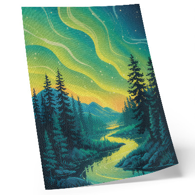 Lámina artística de alta calidad Aurora con el bosque y el río de fondo, colores armoniosos.