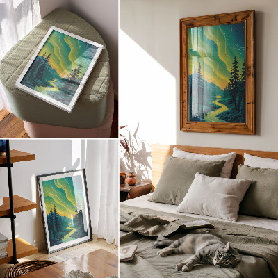 Lámina artística de alta calidad Aurora con el bosque y el río de fondo, colores armoniosos.