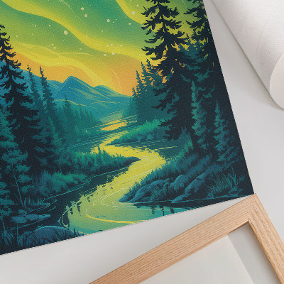 Lámina artística de alta calidad Aurora con el bosque y el río de fondo, colores armoniosos.