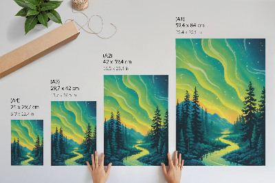 Lámina artística de alta calidad Aurora con el bosque y el río de fondo, colores armoniosos.