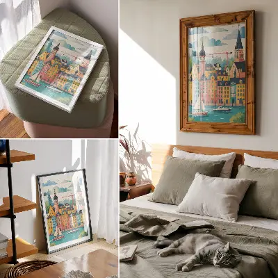 Lienzo decorativo moderno con edificios coloridos, aguas tranquilas y clima templado
