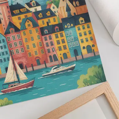 Lienzo decorativo moderno con edificios coloridos, aguas tranquilas y clima templado