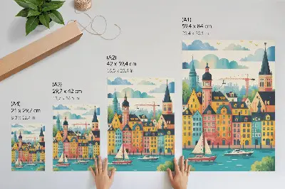 Lienzo decorativo moderno con edificios coloridos, aguas tranquilas y clima templado