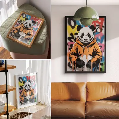 Lámina artística de alta calidad panda con sudadera de grafiti y estilo callejero