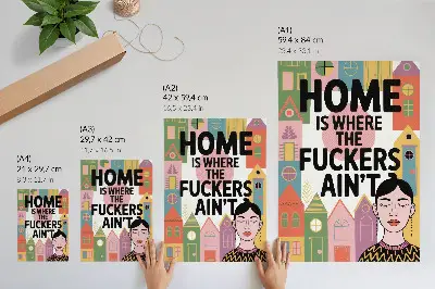 Póster de casas geométricas con ojos cerrados con colores saturados