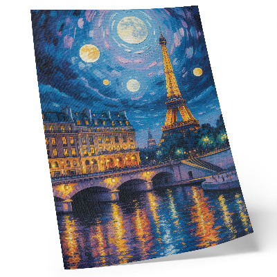 Póster con colores saturados París de noche, luna llena, Torre Eiffel