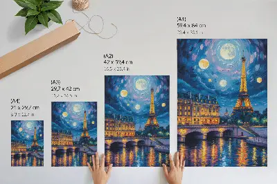 Póster de París de noche con la luna llena y la Torre Eiffel con colores saturados