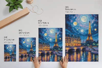Póster con colores saturados París de noche, luna llena, Torre Eiffel