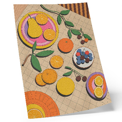 Póster con colores saturados Una composición dinámica de frutas sobre un fondo geométrico.