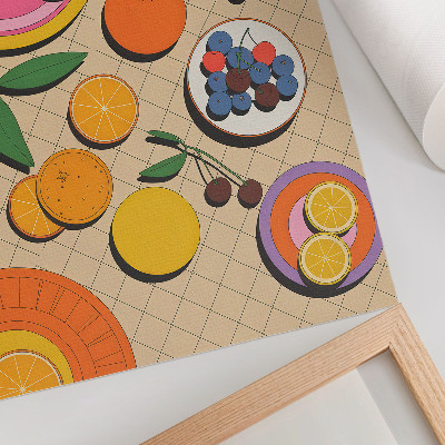 Póster con colores saturados Una composición dinámica de frutas sobre un fondo geométrico.